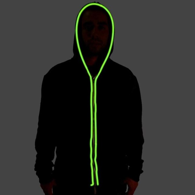 Men's Black Light Up Hoodie with Green EL Wire LED Glow Flashing Party Bar Raver Festival Long Sleeve 2AA Batteries