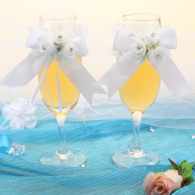  Noble Clear Champagne Glass With White Rose Ribbon-Set Of 2