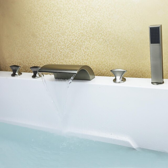  Badekarskran - Moderne Nikkel Børstet Badekar Og Dusj Keramisk Ventil Bath Shower Mixer Taps / Messing / Tre Håndtak fem hull