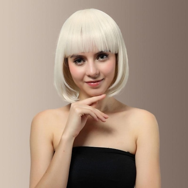  High Quality  Fashionanle Special Synthetic Japanese Kanekalon Short Straight White Color Hair Wig with Full Bang