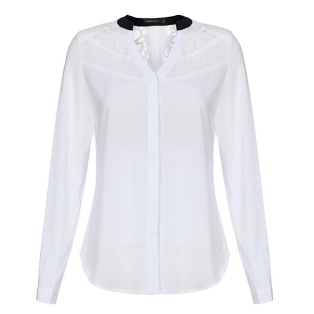  blanco de manga larga de encaje negro contraste la blusa de las mujeres