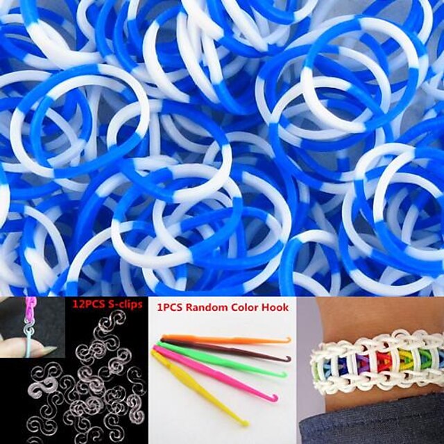  600pcs белые&синий 4-сегментные поделки twistz силиконовые резинки для радуги ткацких браслеты с крюком&сек-клипы