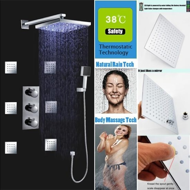  Ensemble de douche Ensemble - Effet pluie contemporain Chrome Montage mural Soupape en laiton Bath Shower Mixer Taps / Laiton