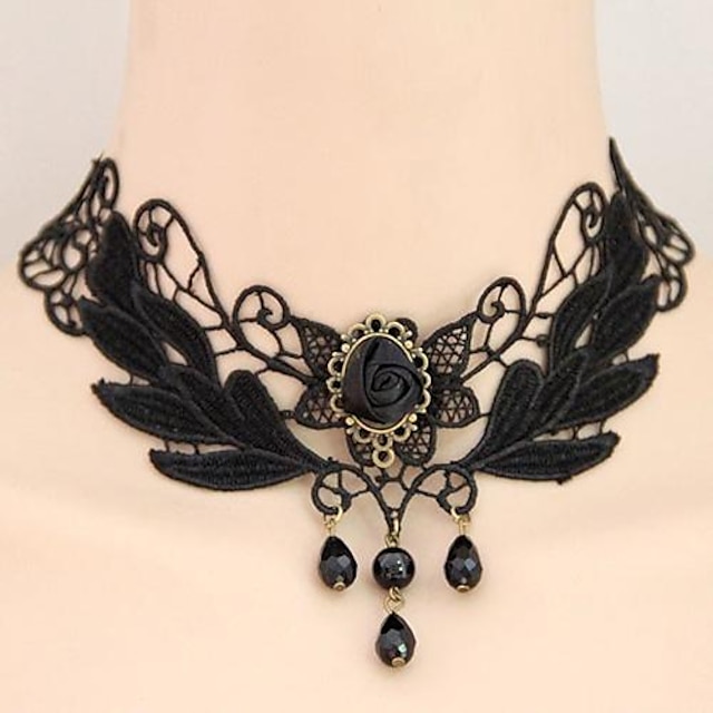  Women's Onyx Choker Necklace Pendant Necklace Bib Drop Flower Ladies Gothic Elegant Vintage Lace Alloy Black Necklace Jewelry For Party Wedding Daily Cosplay Costumes