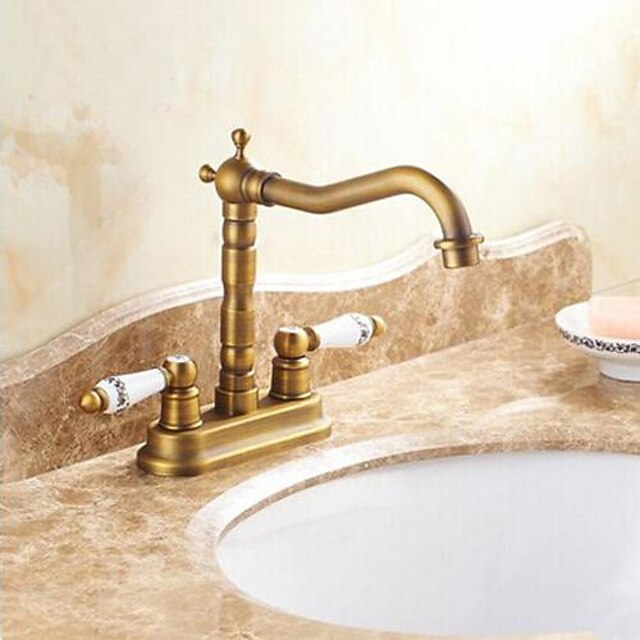 Antique Brass Bathroom Sink Faucet,Centerset Centerset Two Handles Two HolesBath Taps with Hot and Cold Switch4