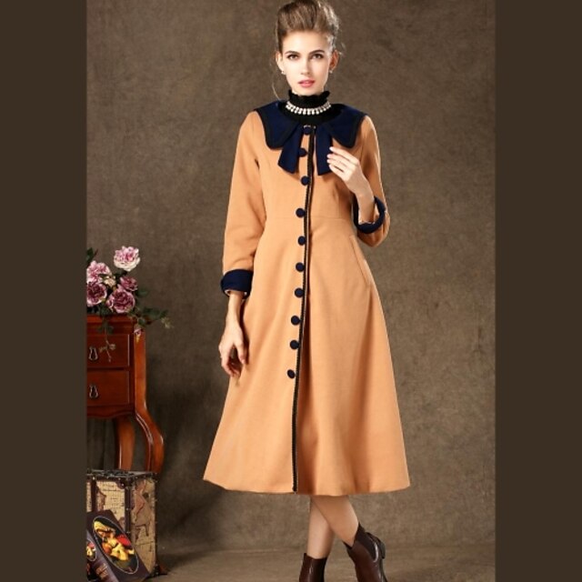  Women's  Retro Style Single-Breasted Navy Solid Colored Bow Waist Was Thin  Pocket Longer Section Woolen Coat