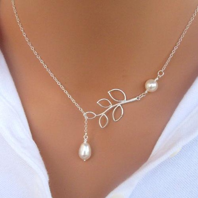  Pendant Necklace Pearl Pearl Imitation Pearl Silver Women's Fashion Ladies Basic Lariat Leaf Necklace For Wedding Gift Casual