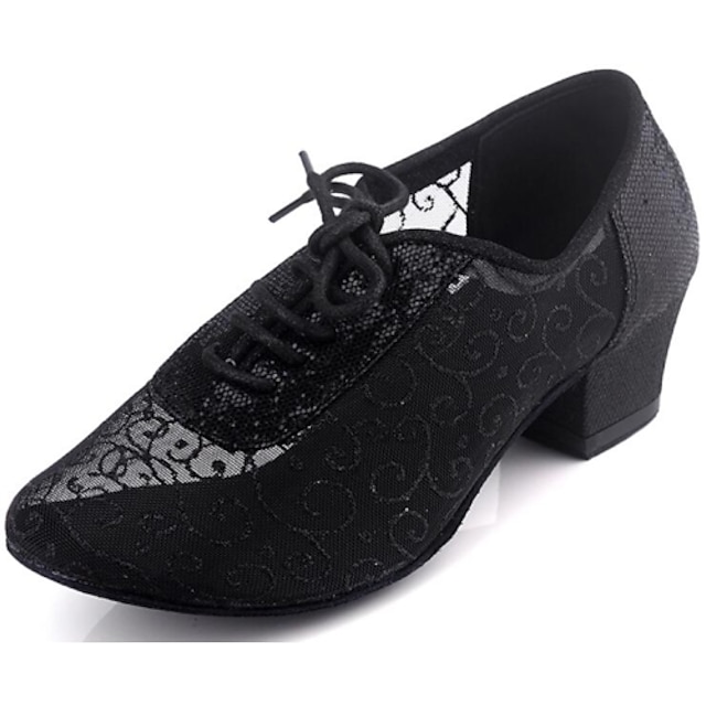  Women's Ballroom Dance Shoes Practice Shoes Latin Salsa Dance Line Dance 2022 Heel Lace Tulle Low Heel Lace-up Ankle Strap Black Silver Coffee