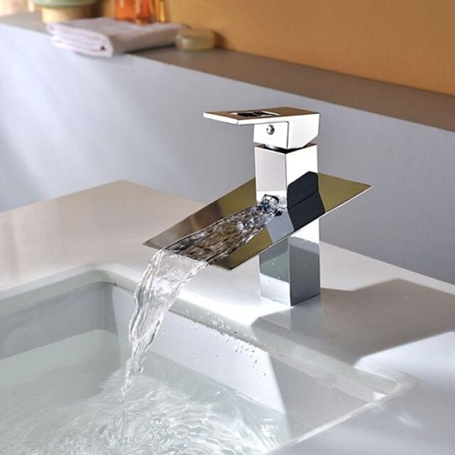  Contemporary Centerset Waterfall Ceramic Valve Single Handle One Hole Chrome, Bathroom Sink Faucet