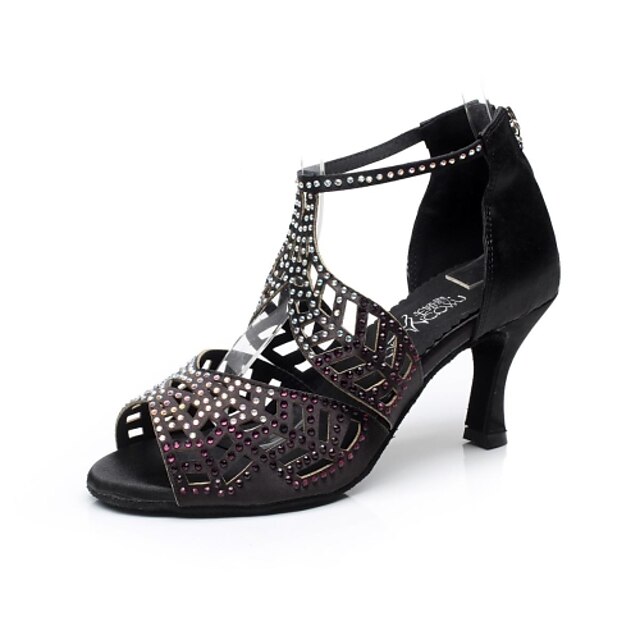  Mujer Zapatos de Baile Latino Zapatos de Salsa Rendimiento Lentejuelas cristal brillo Sandalia Pedrería Tacón Carrete Cremallera Tira en T Desnudo Negro Rojo / Cuero / Seda / Cuero