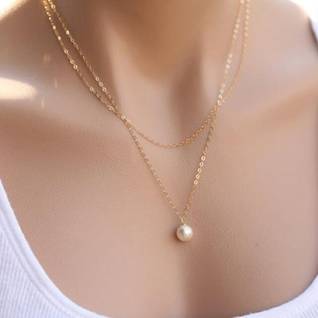  Women's Simple Double Layers Pearl Pendant Necklace