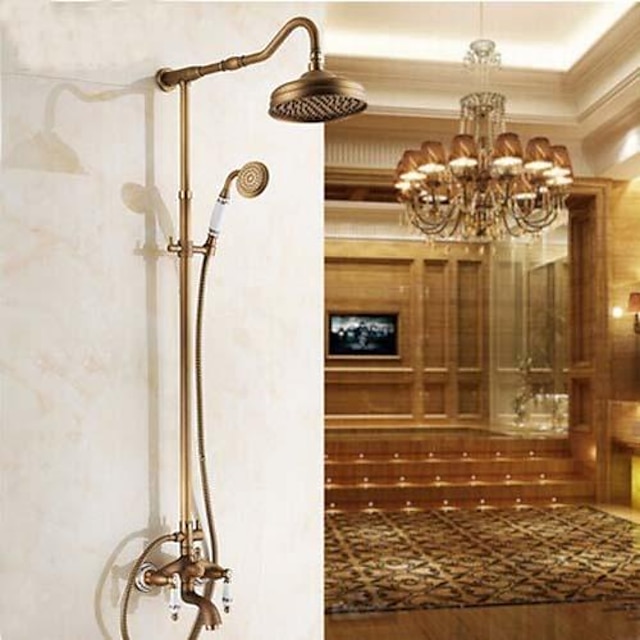  Shower Faucet Brass Oil-rubbed Bronze Rainfall Two Handles Three Holes Shower System Contain with Rain Shower/Shower rod/Handshower/Supply Lines and Hot/Cold Water