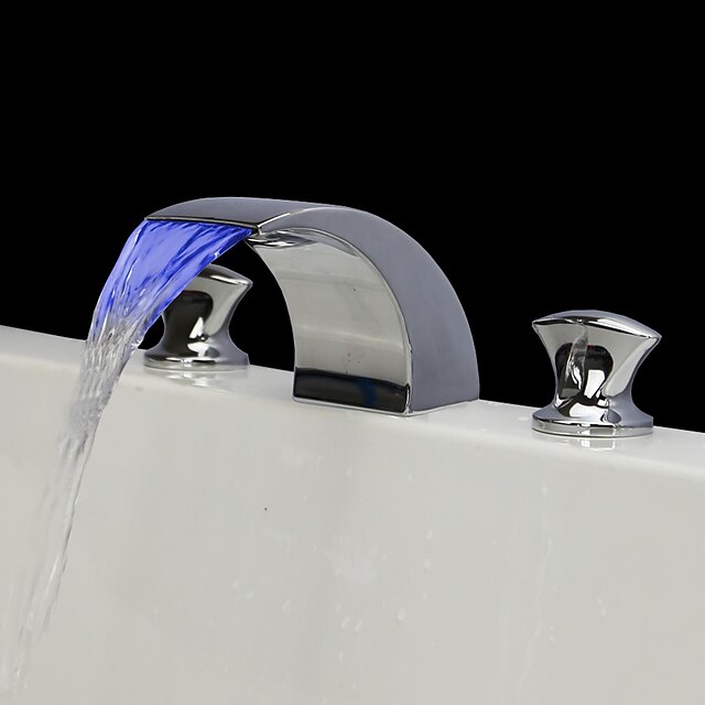  Ванная раковина кран - Водопад / LED Хром Разбросанная Три отверстия / Две ручки три отверстияBath Taps / Латунь