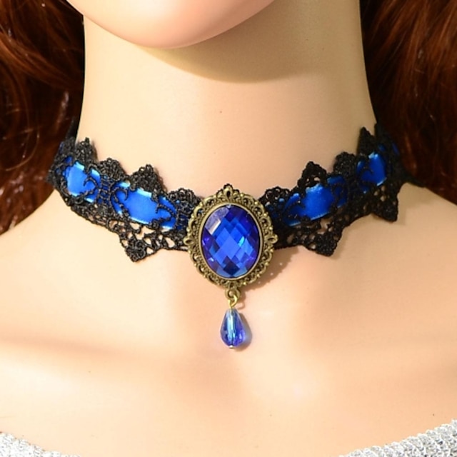  Women's Sapphire Synthetic Sapphire Choker Necklace Collar Necklace Ladies Tattoo Style European Synthetic Gemstones Crystal Lace Blue Necklace Jewelry For Party Wedding Daily / Statement Necklace