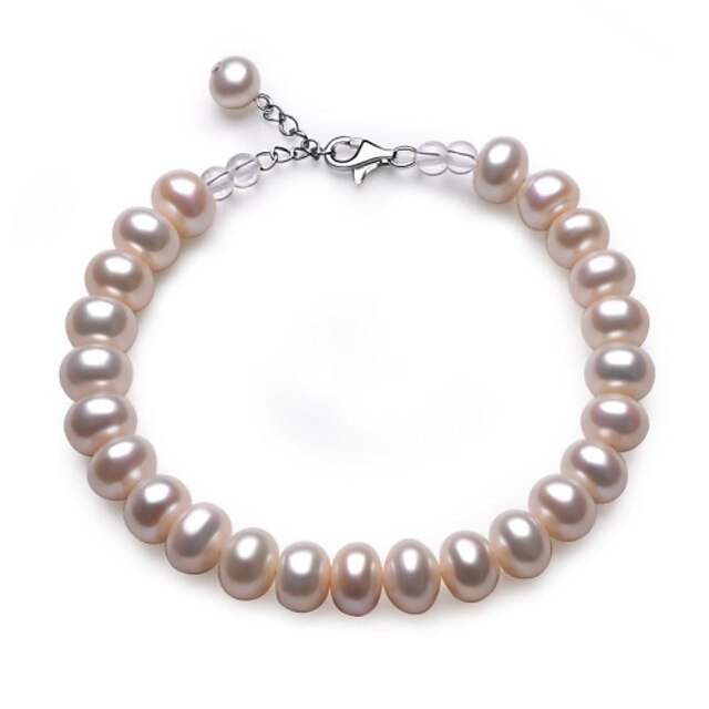  BRI.R® Fashion  S925 Silver Clasp 8-9mm Natural Round Pearl with White Crystal  Bracelet - 7'' with 0.7'' Thail Chain