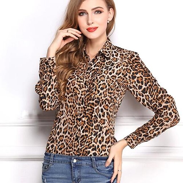  דש חולצת שיפון הדפסת Leopard של הנשים חולצה עליונה