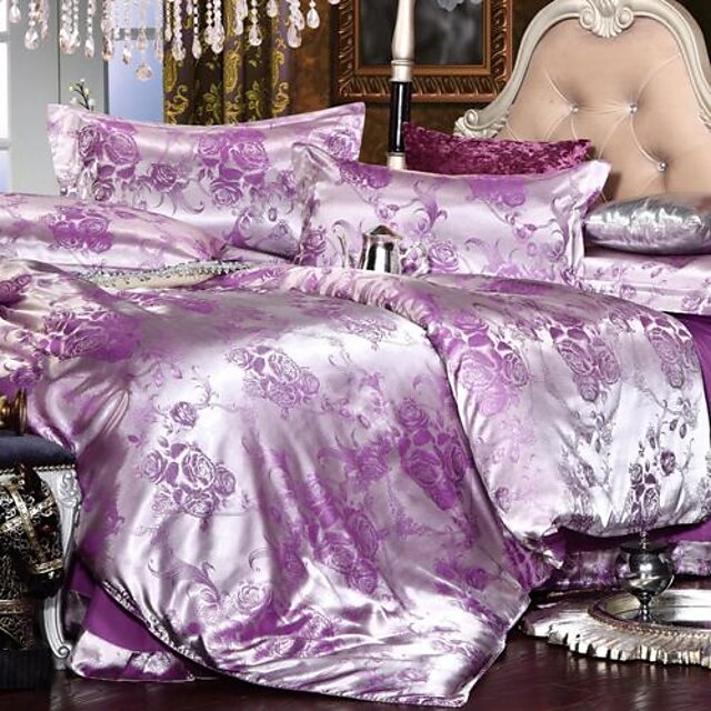  Duvet Cover Sets Floral Luxury Faux Silk Jacquard 4 PieceBedding Sets Floral / 400 / 4pcs (1 Duvet Cover, 1 Flat Sheet, 2 Shams)