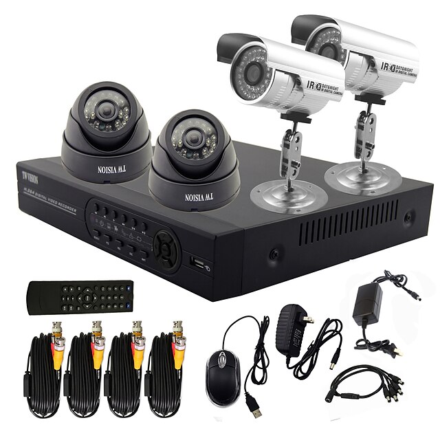  twvision® 4 canale di sistema cctv dvr con registrazione HD (2 macchina fotografica impermeabile esterna& 2 telecamera dome indoor)
