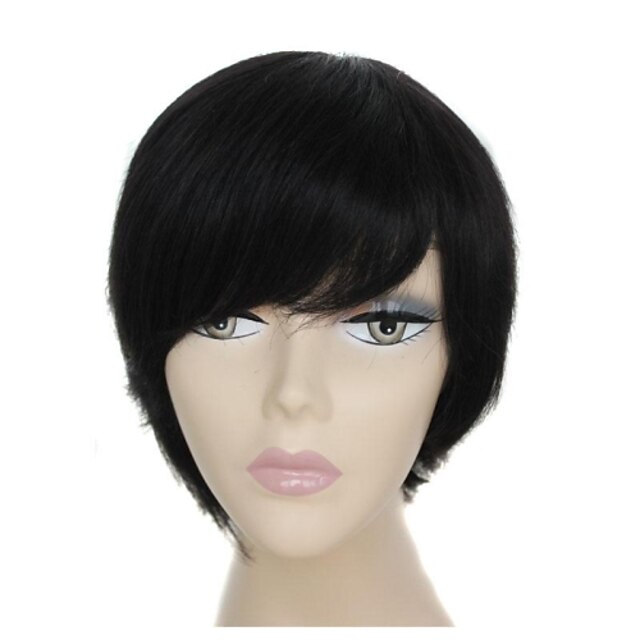  100% Human Hair Short Black Capless Straight Hair Wig with Side Bangs