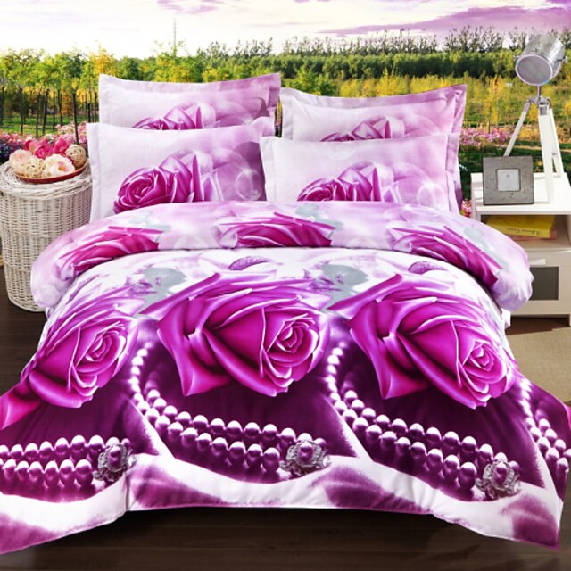  Duvet Cover Sets 3D Floral Reactive Print Soft and Breathable Bedding Sets/ 4pcs (1 Duvet Cover, 1 Flat Sheet, 2 Shams)