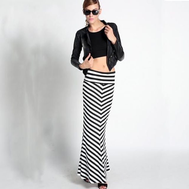  Women's Striped Vintage Banded High Waist Long Skirt