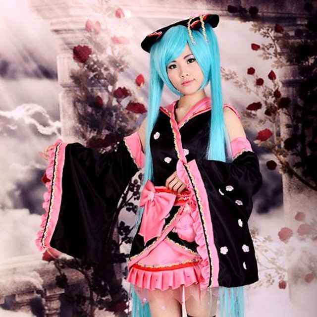  Inspiriert von Vocaloid Hatsune Miku Anime Cosplay Kostüme Japanisch Cosplay Kostüme Kimonoo Patchwork Langarm Rock Kopfbedeckung Ärmel Für Damen / Kimono Jacke / Gürtel / Schleife / Gürtel