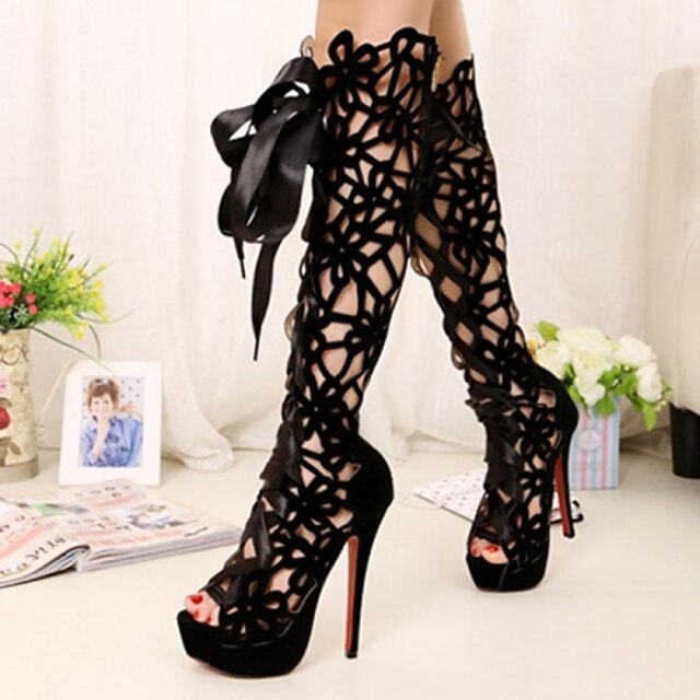  Women's Spring Summer Fall Platform Leatherette Casual Stiletto Heel Platform Zipper Lace-up Hollow-out Black Red