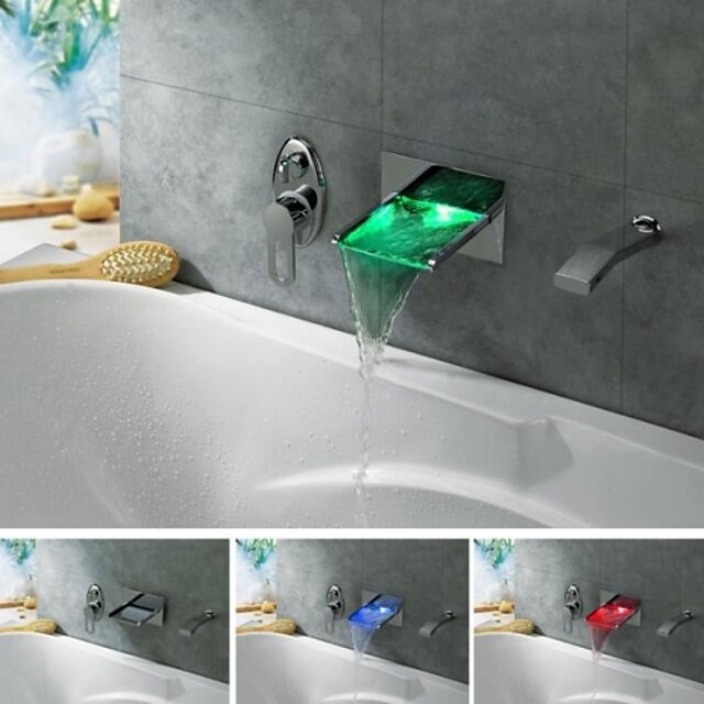  Contemporary Waterfall Handshower Included LED Ceramic Valve Three Holes Single Handle Three Holes Chrome, Bathtub Faucet