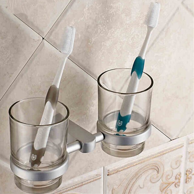  Contemporary Style Anodizing Finish Aluminum Wall Mounted 2 Toothbrush Holder