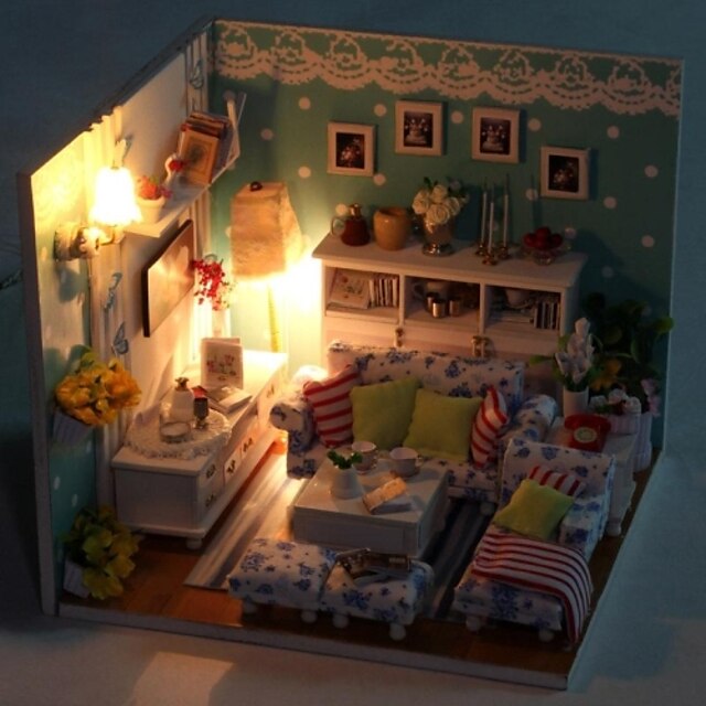  New DIY Green LED Princess Bedroom Model DIY Handmade Wooden Doll House