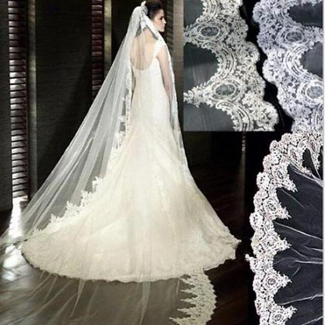  One-tire Lace Edge White Wedding Dresses Bridal Veils(More Colors)