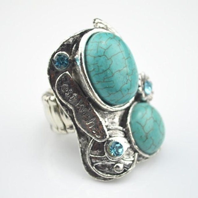  Toonykelly Vintage Antique Silver Plated Oval Turquoise CCB Adjustable Elastic Ring(1pcs)