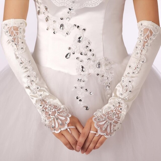  Упругие атласная перчатки без пальцев свадебный с аппликацией со стразами