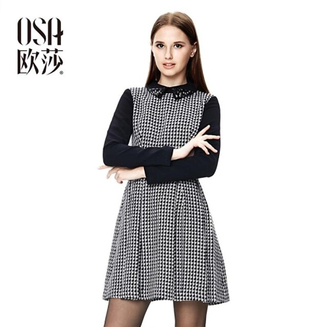  OSA ® zimní Hot Prodej dámské turn-down límec s vysokým pasem kostkované šaty štíhlé ležérní obruby vestidos