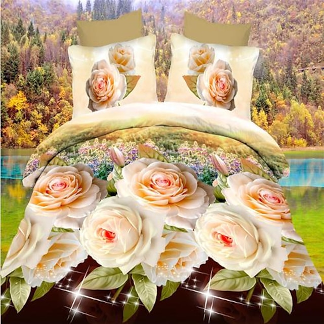  dynetrekk sett 3d polyester, floral reaktivt trykk 4 stk sengetøy sett (1 dynetrekk, 1 flatt ark, 2 shams)