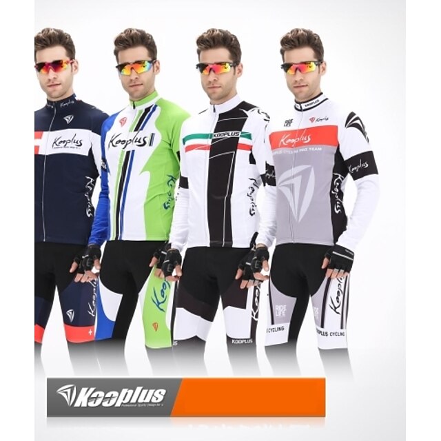  Kooplus Men's Long Sleeves Cycling Jacket with Pants - White Black Green Grey Bike Tights Jersey Clothing Suits, 3D Pad, Thermal / Warm,