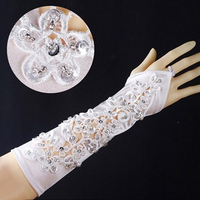  Elastic Satin Elbow Length Fingerless Wedding Gloves with Applique with Beading  ASG48