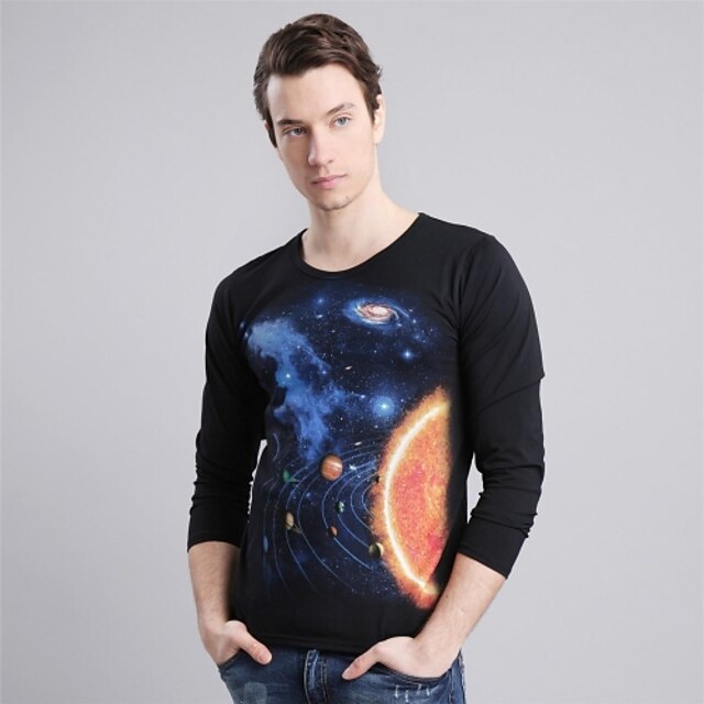  Men's 3D Black Lycra Planet Printed Long Sleeve T-shirt