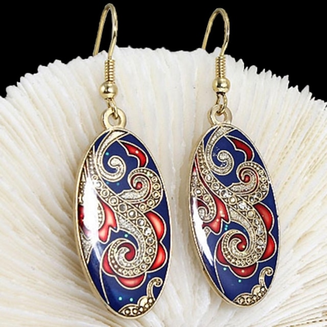  Classic (Flower) Copper Enamel Earrings (Blue Red) (1 Pair)