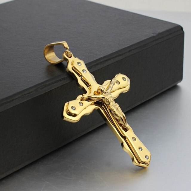  Men's Pendant Necklace Cross Crucifix Ladies Christ Rhinestone Titanium Steel Gold Plated Golden Necklace Jewelry For Christmas Gifts Wedding Party Daily Casual