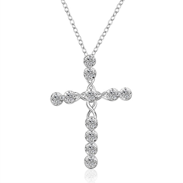  Women's Cubic Zirconia tiny diamond Choker Necklace Pendant Necklace Statement Necklace Round Cut Cross Ladies Fashion Synthetic Gemstones Sterling Silver Zircon White Necklace Jewelry For Wedding