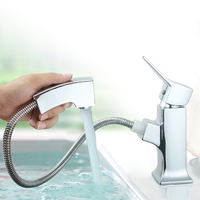  Μπάνιο βρύση νεροχύτη - FaucetSet / Αποσπώμενο Σπρέι Χρώμιο Αναμεικτικές με ενιαίες βαλβίδες Μία Οπή / Ενιαία Χειριστείτε μια τρύπαBath Taps / Ορείχαλκος