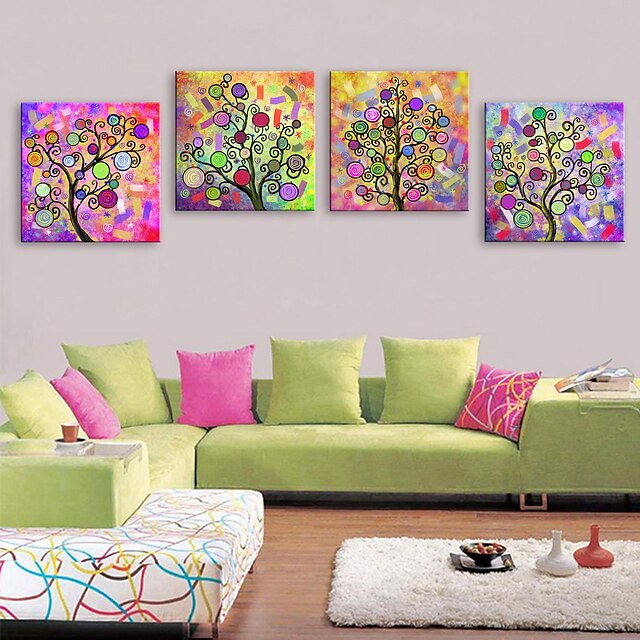  E-HOME® Stretched Canvas Art Abstract Tree Bright Decoration Painting Set of 4