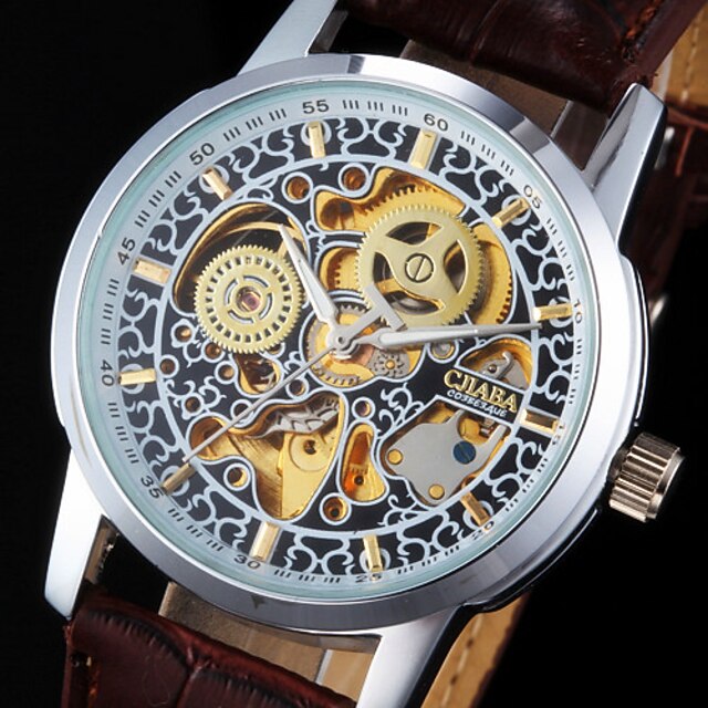  Pánské Náramkové hodinky mechanické hodinky Automatické natahování S dutým gravírováním Svítící PU Kapela Cool Luxusní Hnědá