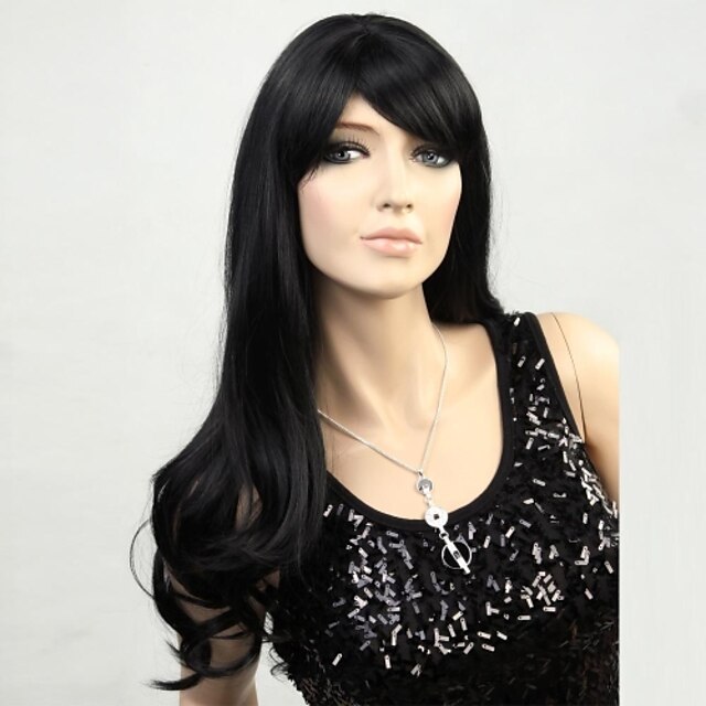  Long Natural Black Wavy Synthetic Wigs with Side Bang