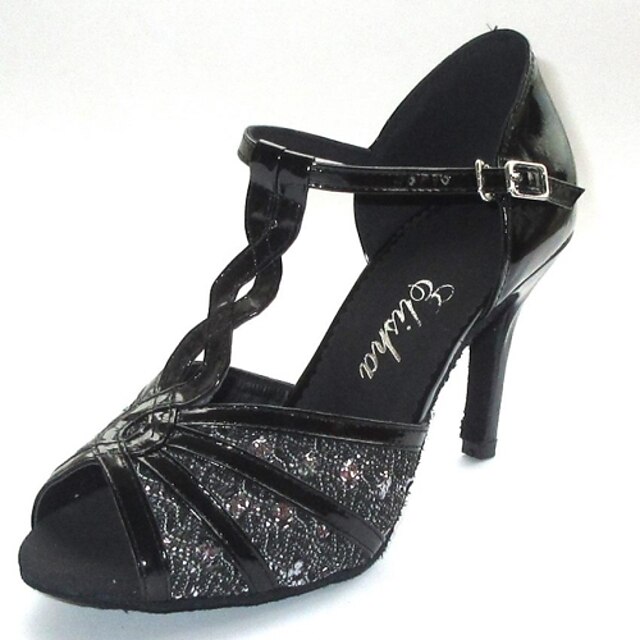  Damen Schuhe für den lateinamerikanischen Tanz Ballsaal Sandalen Maßgefertigter Absatz Schnalle Grau Schwarz / Glitzer