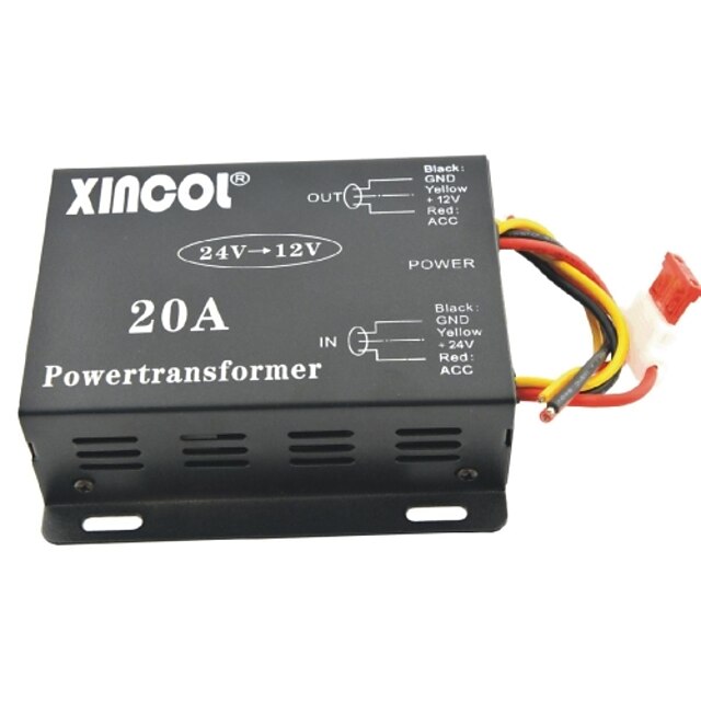  xincol® kjøretøy bil dc 24v til 12v 20a strømforsyning transformator konverter-svart