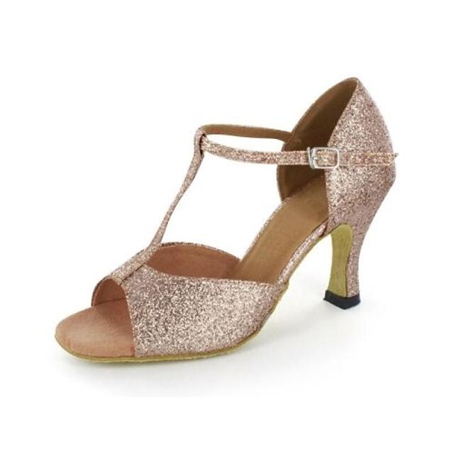  Women's Latin Shoes Sparkling Glitter Buckle Sandal Customized Heel Customizable Dance Shoes Gold / Leather