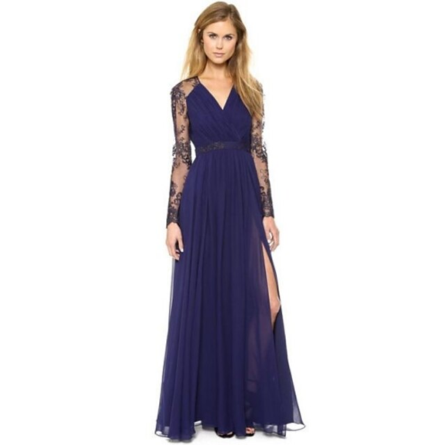  Swing Dress Long Sleeve Solid Colored Lace Split Summer V Neck Blue / Maxi