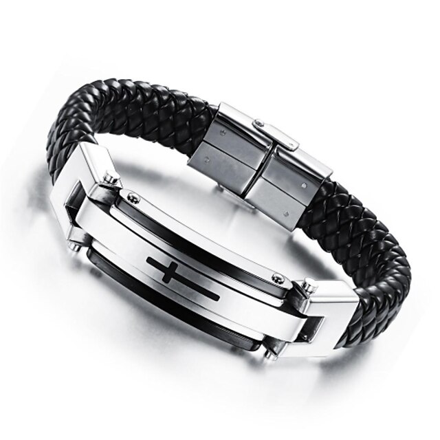  Herre Lær Armbånd Lær Titanium Stål Gullbelagt Kors Personalisert Hip-hop Kristus Armbånd Smykker Svart / Gylden Til Julegaver Bryllup Gave Avslappet Sport